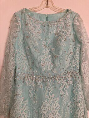 Mac Duggal STYLE Embellished Gown SZ 8 Sleeves Seafoam